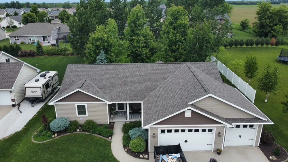 Completed residential roof aerial view